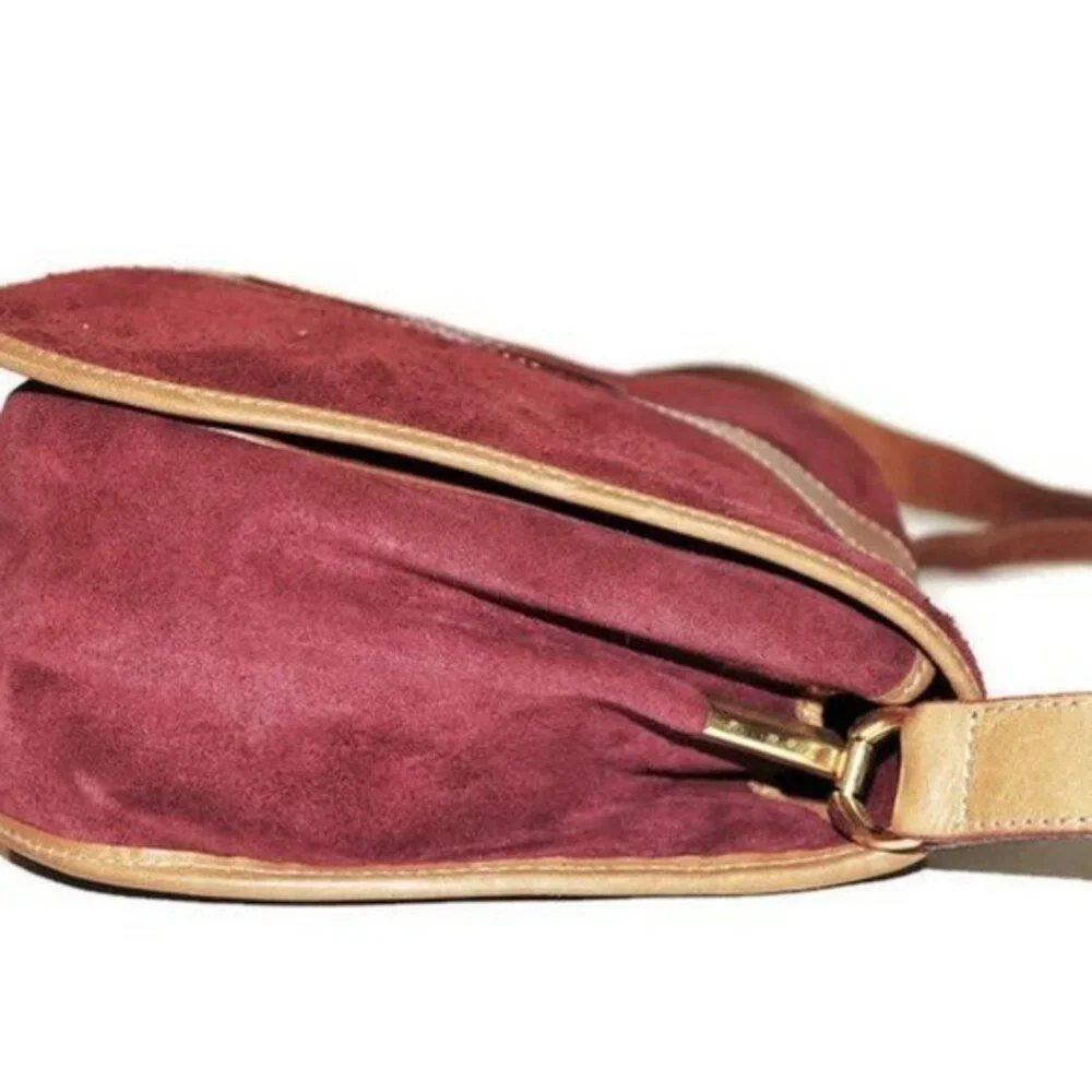 Yancci Shoulder Bag Women Medium Burgundy Suede Leather Floral Medallion Vintage
